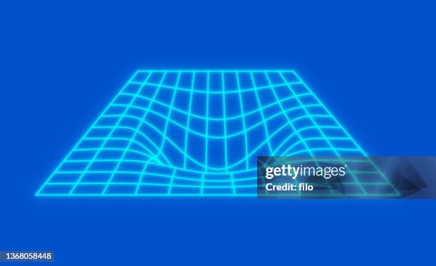 ilustraciones, imágenes clip art, dibujos animados e iconos de stock de campo de profundidad de gravedad de la cuadrícula de blueprint - onda gravitacional