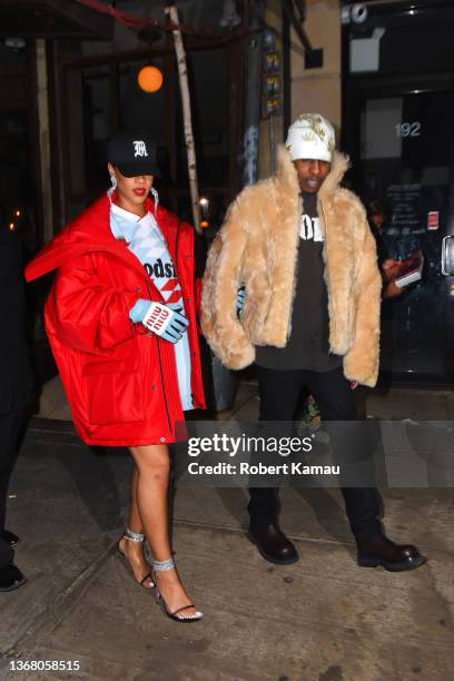 Rihanna and A$AP Rocky seen out for dinner in SoHo on January 22, 2022 in New York City.