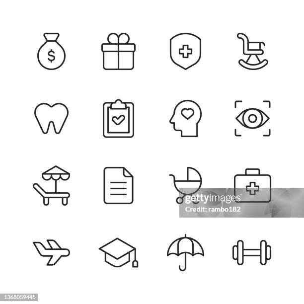 employee benefits line icons. editable stroke, contains such icons as bonus, cafeteria, car, dental insurance, discounts, gym, health insurance, maternity leave, paid vacation, pension, recruitment, remote work, retirement plan, social security. - medical insurance stock illustrations