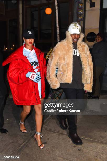 Rihanna and A$AP Rocky seen out for dinner in SoHo on January 22, 2022 in New York City.