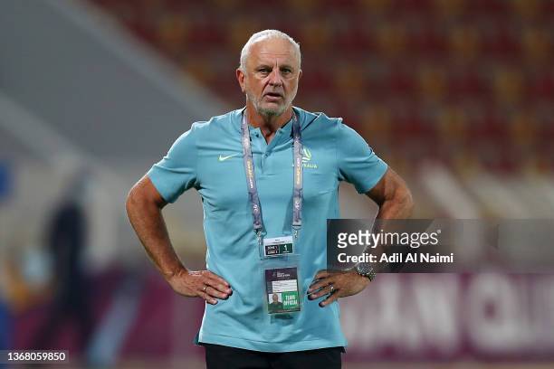Graham Arnold, Head Coach of Australia looks on during the FIFA World Cup Qatar 2022 Qualifier match between Oman and Australia at Sultan Qaboos...