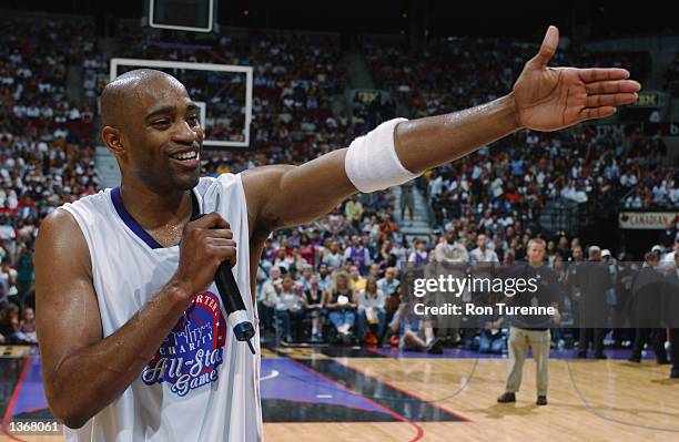 Vince Carter of the Toronto Raptors speaks to the crowd during the Vince Carter Charity All Star Game at the Air Canada Centre in Toronto, Canada on...