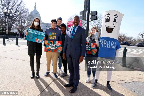 Sen. Raphael Warnock, D-GA along with activists and Build Back Better "Bill" join MomsRising to bring attention to the urgent need for family...