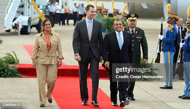Prince Felipe with Porfirio Lobo Sosa, president of Honduras and her wife Rosa Elena de Lobo during his visit to Honduras, on January 11, 2012 in...
