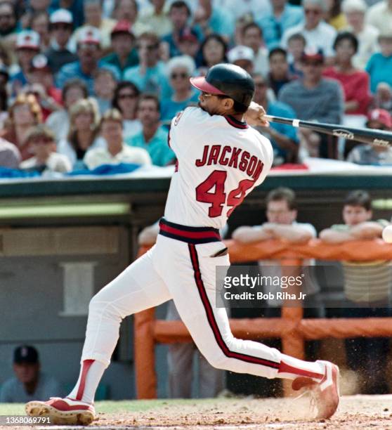 California Angels Reggie Jackson during MLB playoff game against the Toronto Bluejays, July 20, 1986 in Anaheim, California.