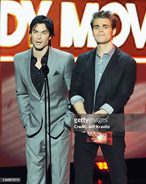 Actors Ian Somerholder and Paul Wesley speak onstage at the 2012 People's Choice Awards at Nokia Theatre L.A. Live on January 11, 2012 in Los...