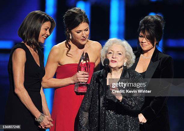 Actresses Wendie Malick, Jane Leeves, Betty White and Valerie Bertinelli, winners Favorite Cable TV Comedy for "Hot in Cleveland," speak onstage at...