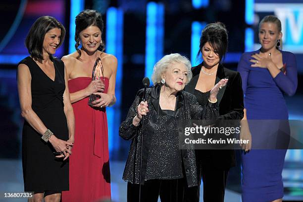 Actresses Wendie Malick, Jane Leeves, Betty White and Valerie Bertinelli, winners Favorite Cable TV Comedy for "Hot in Cleveland," speak onstage with...