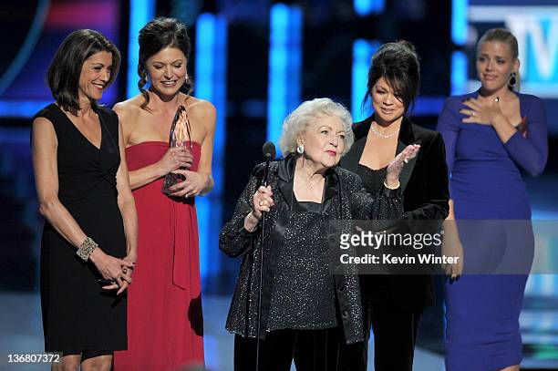 Actresses Wendie Malick, Jane Leeves, Betty White and Valerie Bertinelli, winners Favorite Cable TV Comedy for "Hot in Cleveland," speak onstage with...