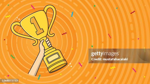 hand holding a golden cup on abstract background - cup awards gala stock illustrations