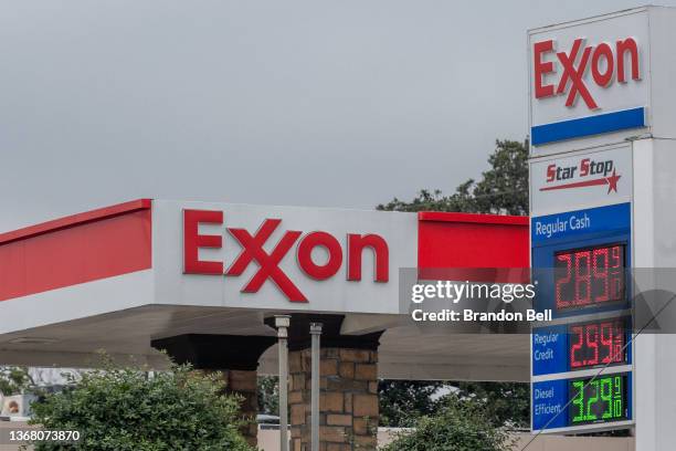 Prices are displayed at an ExxonMobil gas station on February 01, 2022 in Houston, Texas. The energy giant announced on Monday that it will be...
