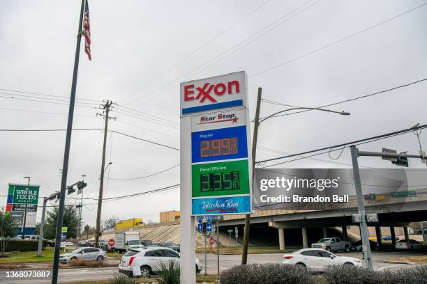 Prices are displayed at an ExxonMobil gas station on February 01, 2022 in Houston, Texas. The energy giant announced on Monday that it will be...