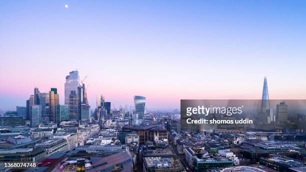 high angle panoramic cityscape of london skyline at dusk - london stock pictures, royalty-free photos & images