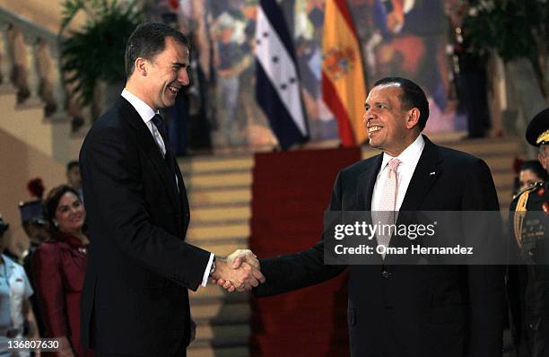 Prince Felipe meets Porfirio Lobo Sosa, president of Honduras during his visit to Honduras, on January 11, 2012 in Tegucigalpa, Honduras.