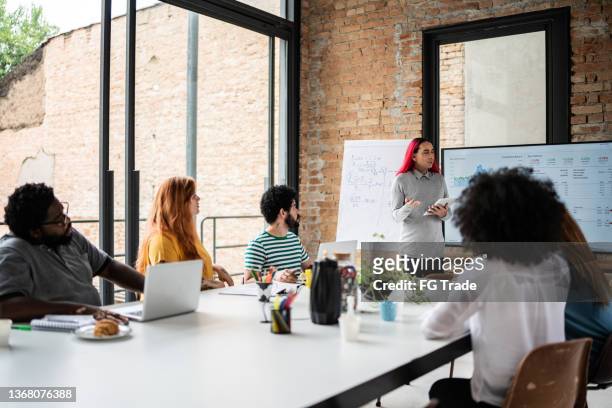 business team doing a meeting in the conference room - androgyn stock pictures, royalty-free photos & images
