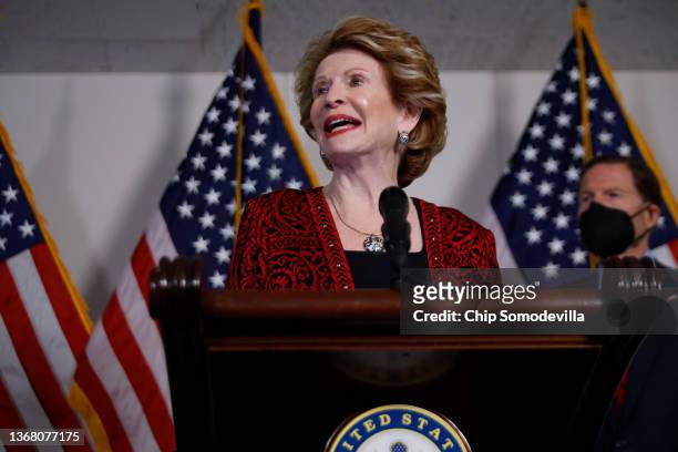 Sen. Debbie Stabenow talks to reporters following the weekly Senate Democratic policy luncheon in the Hart Senate Office Building on Capitol Hill on...
