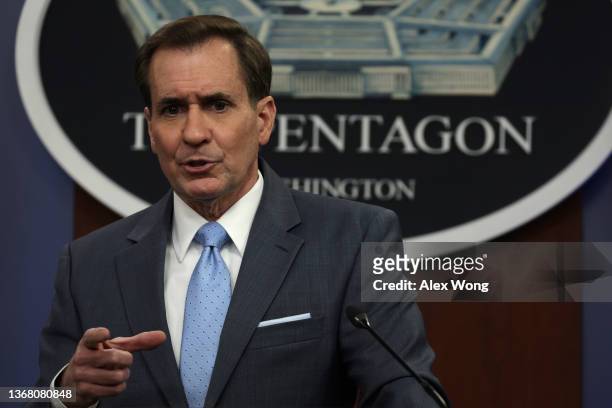Pentagon Press Secretary John Kirby conducts a news briefing at the Pentagon February 1, 2022 in Arlington, Virginia. Russian President Vladimir...