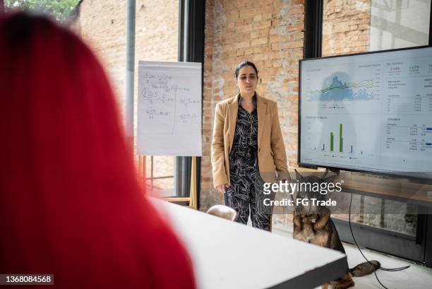 visually impaired businesswoman doing a presentation in a business meeting with guide dog - blind person stock pictures, royalty-free photos & images
