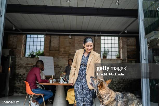 sehbehinderte geschäftsfrau mit ihrem blindenhund im büro - love is blind stock-fotos und bilder