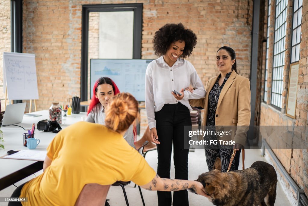 Colegas que hablan en la oficina, incluida una persona con discapacidad visual con un perro guía