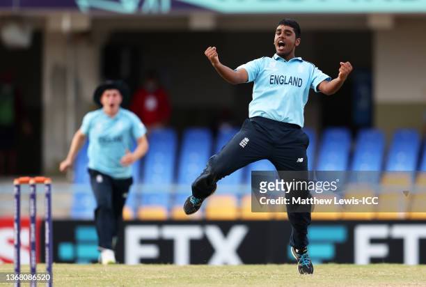Rehan Ahmed of England celebrates the wicket of Bilal Sami of Afghanistan during the ICC U19 Men's Cricket World Cup Super League Semi Final 1 match...