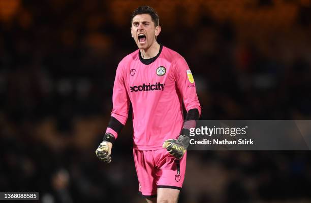 Luke McGee of Forest Green Rovers celebrates after Matt Stevens scores their first goal during the Sky Bet League Two match between Port Vale and...