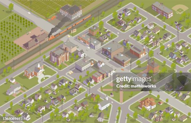 bildbanksillustrationer, clip art samt tecknat material och ikoner med isometric town 1920s illustration - småstad