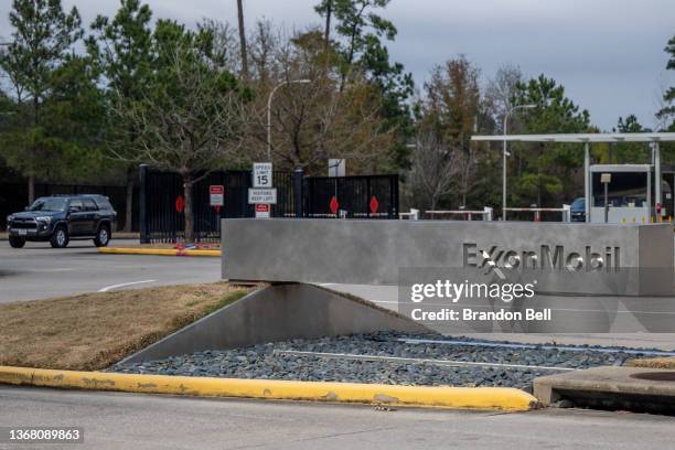 An entrance to the ExxonMobil Spring campus is seen on February 01, 2022 in Houston, Texas. The energy giant announced on Monday that it will be...