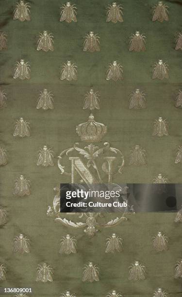 Section of green and gold damask with the emblem and royal crest of Napoleon III