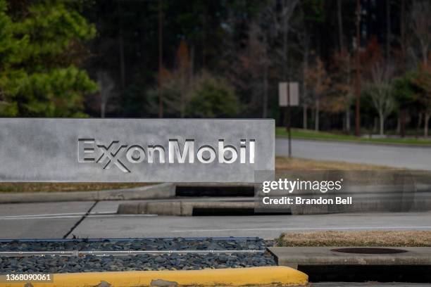 An entrance to the ExxonMobil Spring campus is seen on February 01, 2022 in Houston, Texas. The energy giant announced on Monday that it will be...