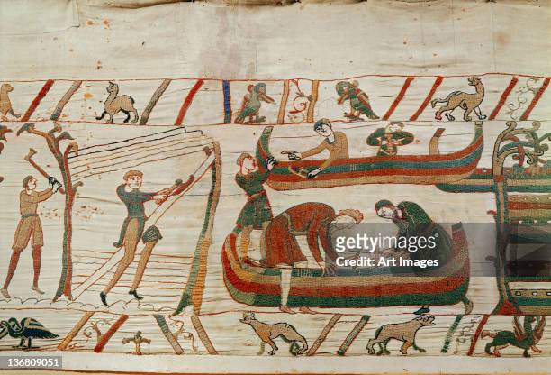 Building ships under the orders of Duke William, from the Bayeux Tapestry, before 1082