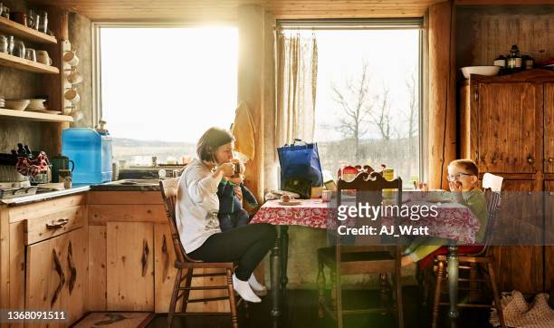 family having breakfast inside eco cabin - autumn indoors stock pictures, royalty-free photos & images