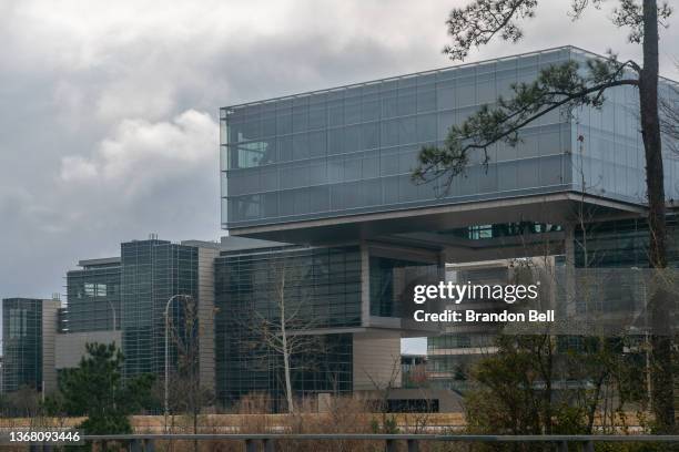 The exterior of the ExxonMobil Spring campus is seen on February 01, 2022 in Houston, Texas. The energy giant announced on Monday that it will be...