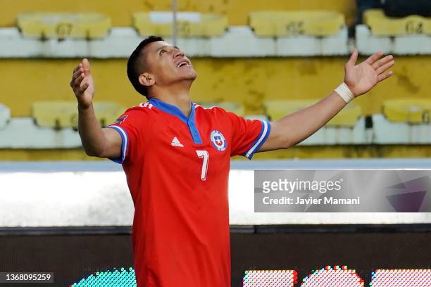 Alexis Sánchez of Chile celebrates after scoring the third goal of his team during a match between Bolivia and Chile as part of FIFA World Cup Qatar...