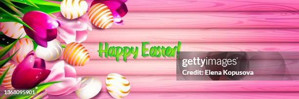 happy easter! multi-colored tulips with colored easter eggs on a bright wooden background. creative graphic vector illustration. - blowing bubble stock illustrations