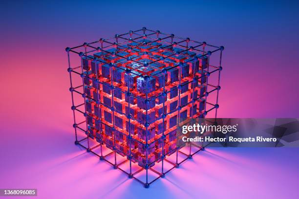 3d render of cube with more cubes on the surface and spheres, red and blue color - blockchain isometric stock pictures, royalty-free photos & images
