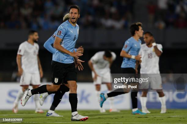 Rodrigo Bentancur of Uruguay celebrates after scoring the opening goal during a match between Uruguay and Venezuela as part of FIFA World Cup Qatar...