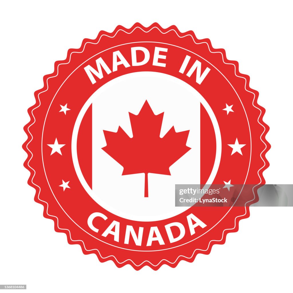 Made in Canada badge vector. Sticker with stars and national flag. Sign isolated on white background.