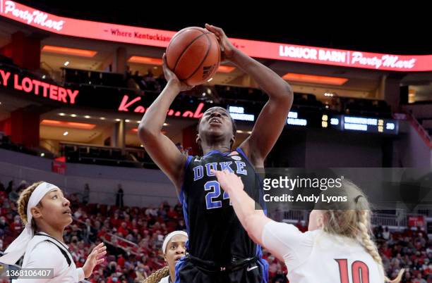 Onome Akinbode-James of the Duke Blue Devils against the Louisville Cardinals at KFC YUM! Center on January 30, 2022 in Louisville, Kentucky.