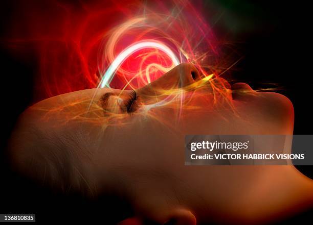 woman dreaming, conceptual image - brain activity stock illustrations