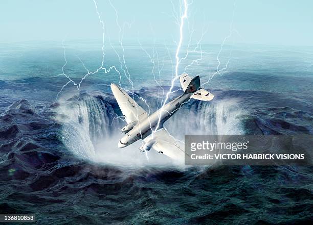 bermuda triangle, conceptual artwork - aeroplane crash stock illustrations