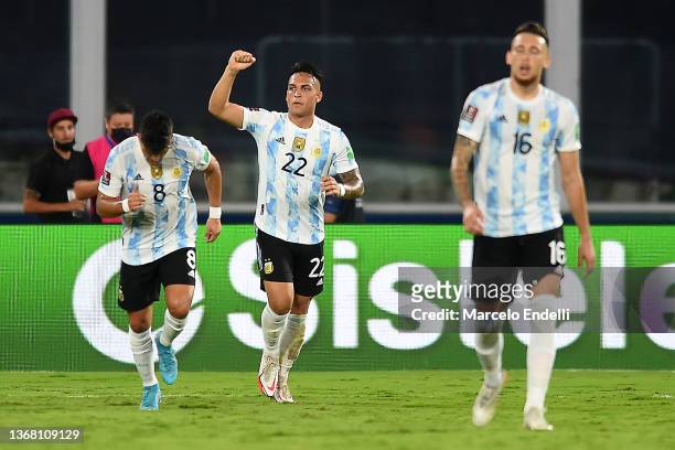 Lautaro Martinez of Argentina celebrates after scoring the first goal of his team during a match between Argentina and Colombia as part of FIFA World...