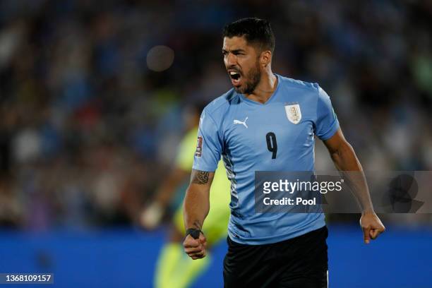 Luis Suarez of Uruguay celebrates after scoring the fourth goal of his team during a match between Uruguay and Venezuela as part of FIFA World Cup...