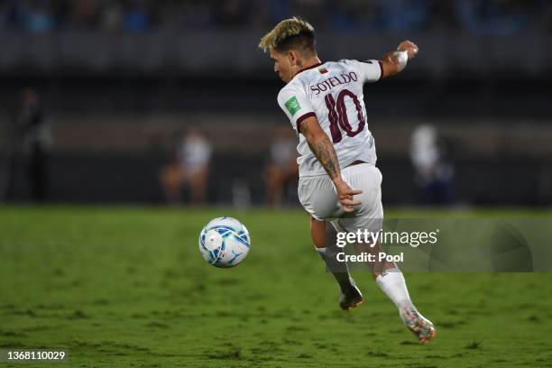 Yeferson Soteldo of Venezuela drives the ball during a match between Uruguay and Venezuela as part of FIFA World Cup Qatar 2022 Qualifiers at...