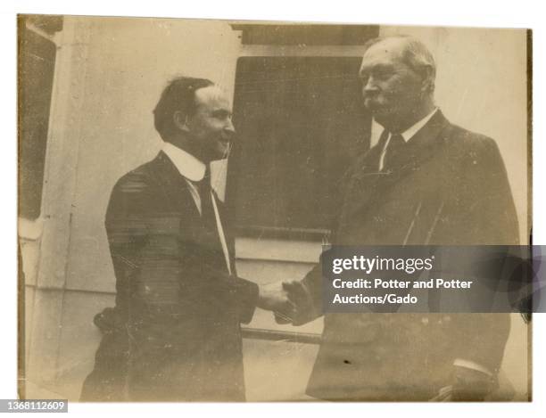 Portrait of Harry Houdini and Arthur Conan Doyle, Circa 1922, Half-length candid snapshot of the great author and creator of Sherlock Holmes shaking...