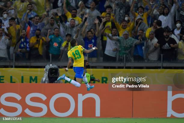 Raphinha of Brazil celebrates after scoring the opening goal during a match between Brazil and Paraguay as part of FIFA World Cup Qatar 2022...