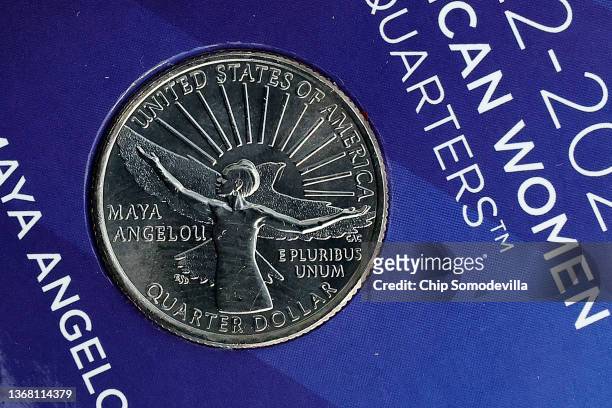 Detail image of the new Maya Angelou quarter dollar coin during a ceremony at the U.S. Capitol on February 01, 2022 in Washington, DC. Minted as part...