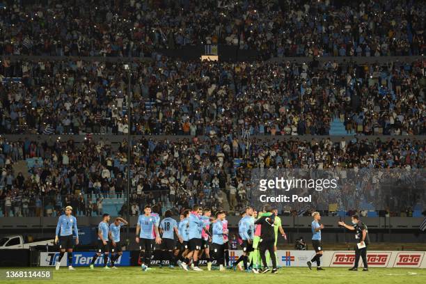 Players of Uruguay celebrate after winning during a match between Uruguay and Venezuela as part of FIFA World Cup Qatar 2022 Qualifiers at Centenario...