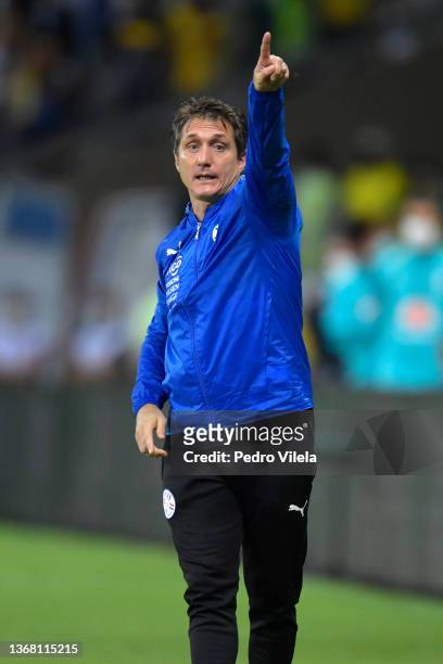 Guillermo Barros Schelotto head coach of Paraguay gives instructions during a match between Brazil and Paraguay as part of FIFA World Cup Qatar 2022...