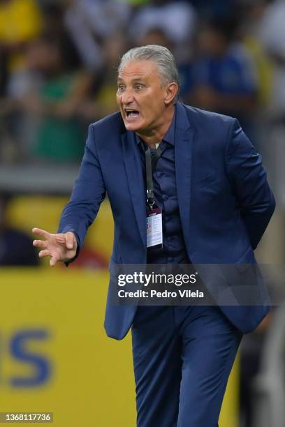 Tite head coach of Brazil gestures during a match between Brazil and Paraguay as part of FIFA World Cup Qatar 2022 Qualifiers at Mineirao Stadium on...